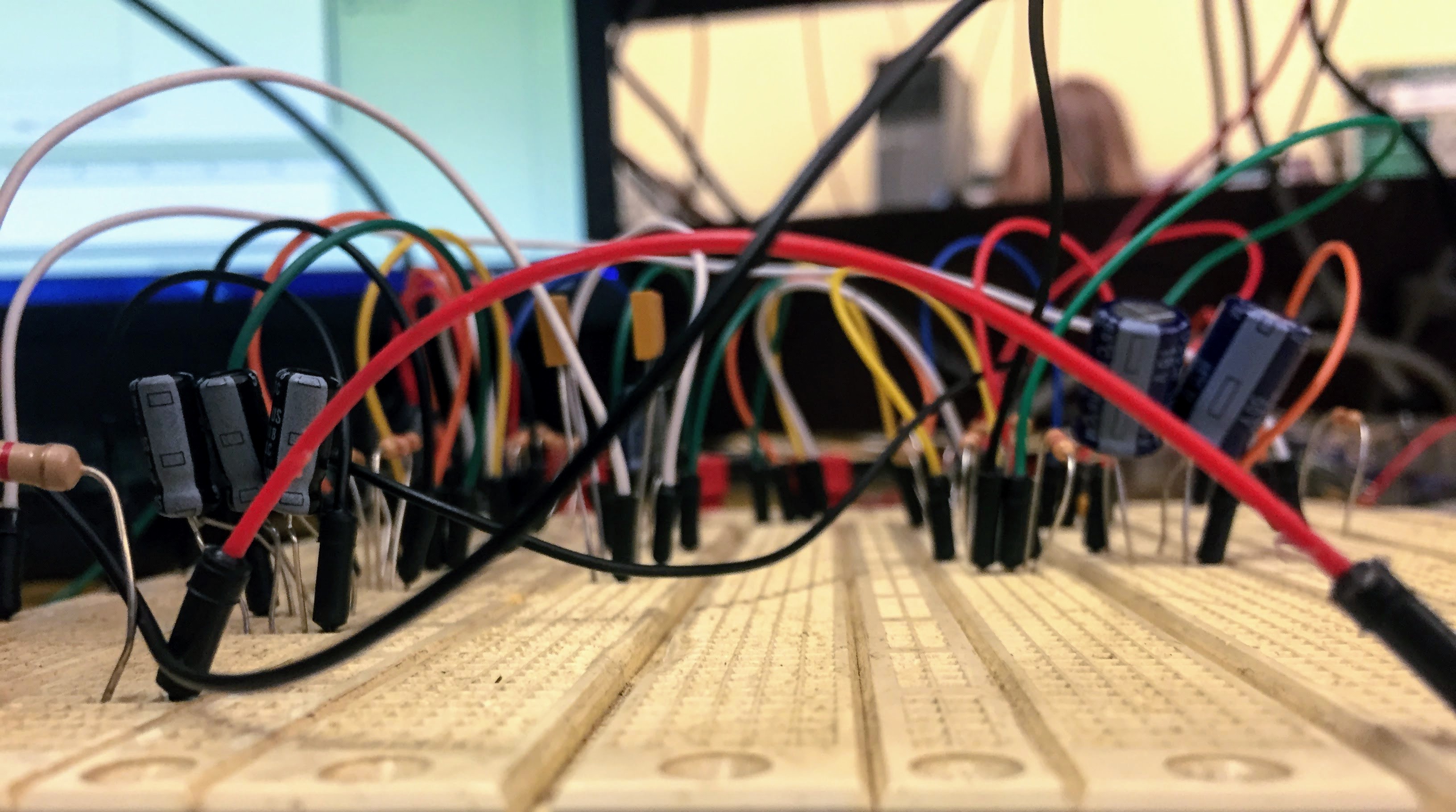 Image of a bandpass filter circuit on breadboard